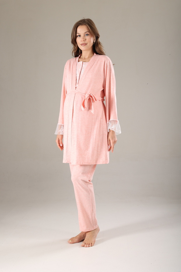 Lace Embroidered Maternity 3-Piece Pajama Set - Pink Melange Breastfeeding Compatible Maternity Dressing Gown Set