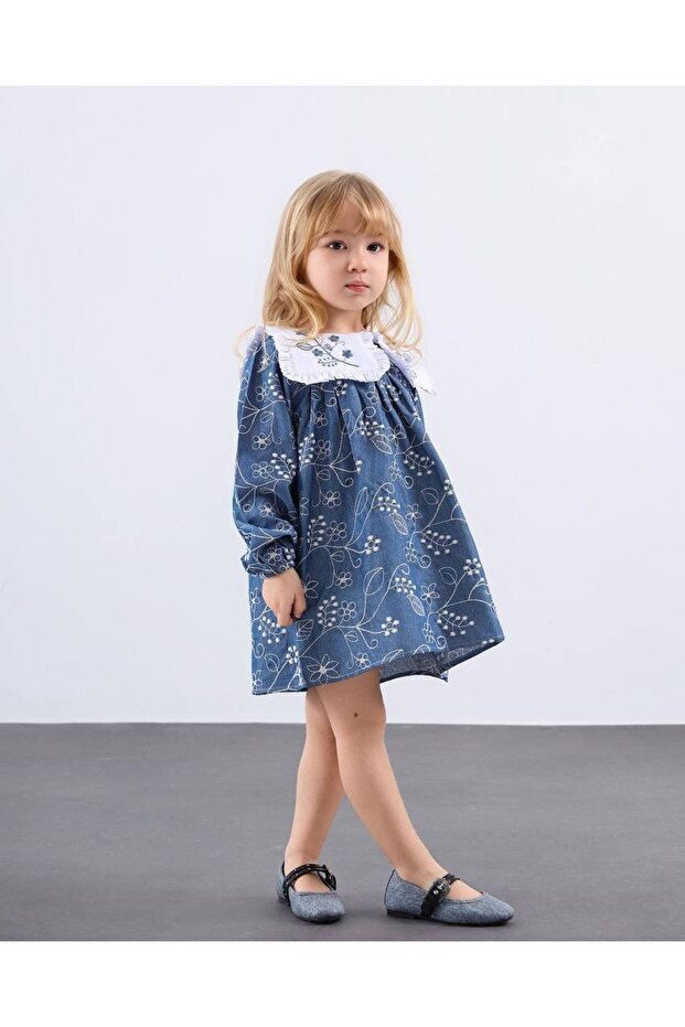 Yaka Nakış Detaylı Brode İşlemeli Elbise - 1