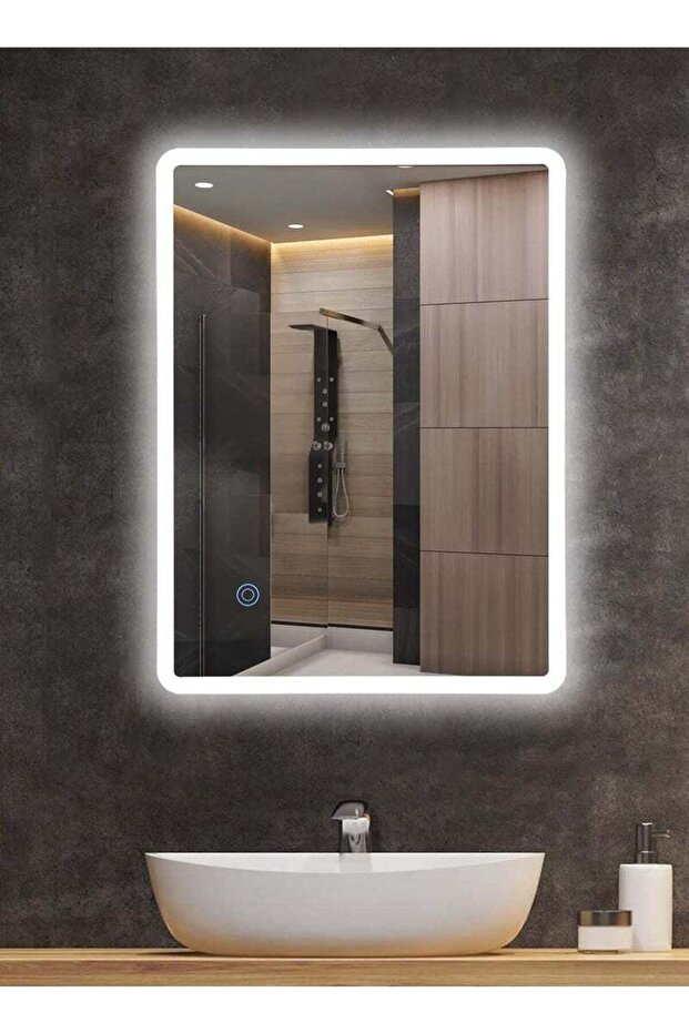 مرآة مستطيلة LED مقاس 60 × 40 سم مع تحكم باللمس وإضاءة جانبية للحمام والمكياج