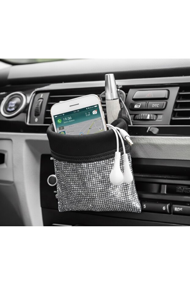 Crystal Stone Car Interior Pouch Pocket Organizer Glove Box Side Storage Organizer Pen Holder Phone Holder Silver