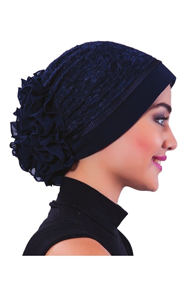 Corded Ruffled Front Pleated Piped Navy Blue Ready-Made Turban Hijab Bonnet Suitable for Medical Use