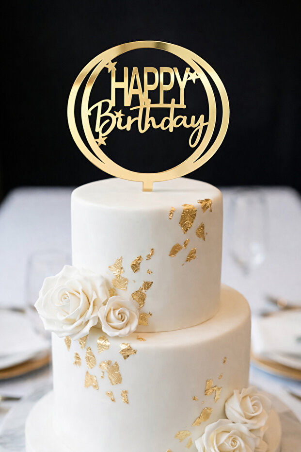Gold Mirror Plexi Happy Birthday Written Cake Gift Decoration Code 2 - Birthday, Party, Celebration Cake Topper