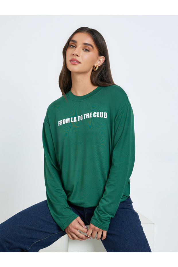Women Green Slogan Oversized Long Sleeve T-Shirt