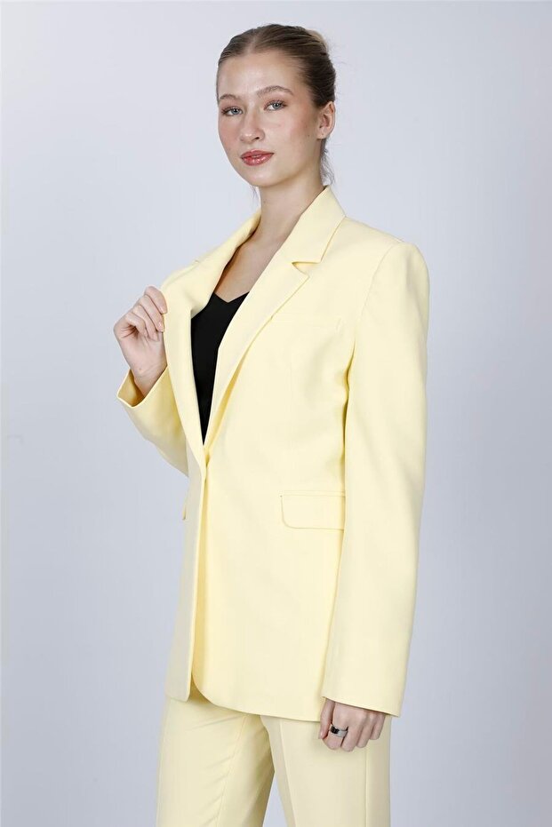 Oversize Single Button Classic Women's Jacket-Yellow - 1197100