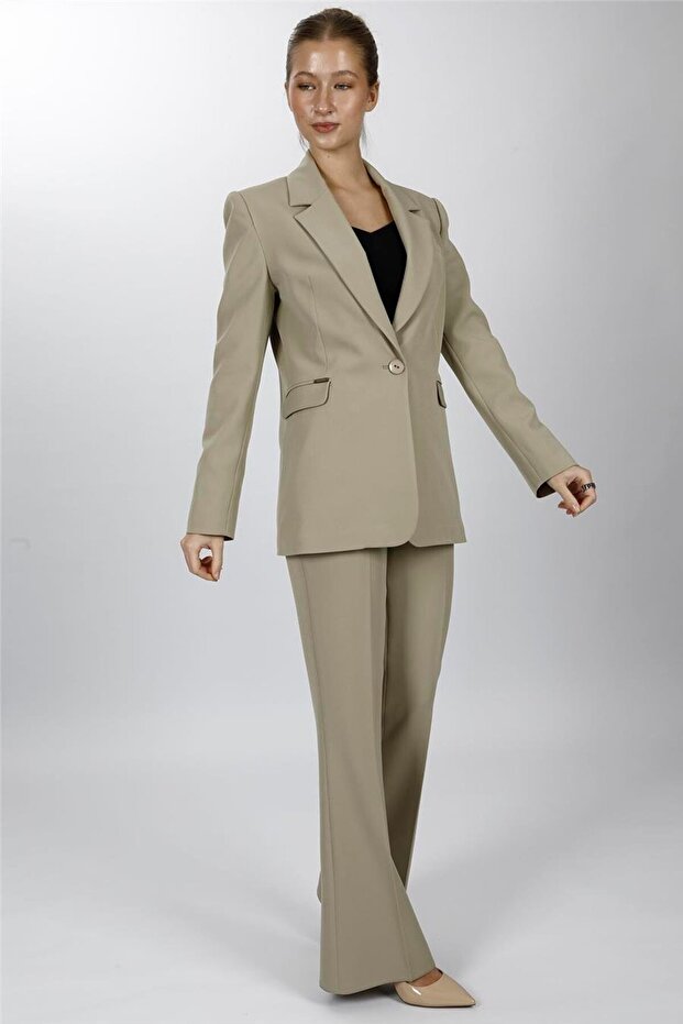 Oversize Single Button Classic Jacket & Pocketed Spanish-Cut Trousers Women's Suit-Bamboo - 1197506
