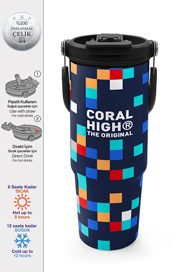 Navy Blue Geometric Patterned Steel Thermos with Straw and Direct Drinking Feature 900 ml 38707