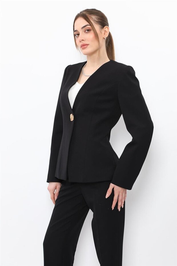 V-Neck Single Button Classic Women's Jacket-Black - 1199100