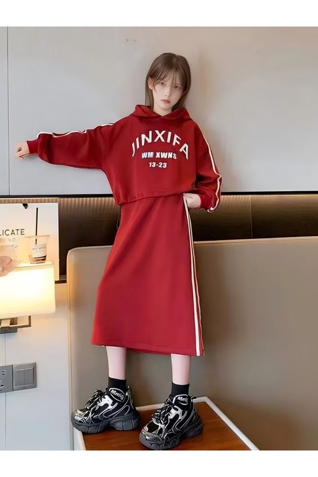 Girls Text Print Hoodie and Skirt Set