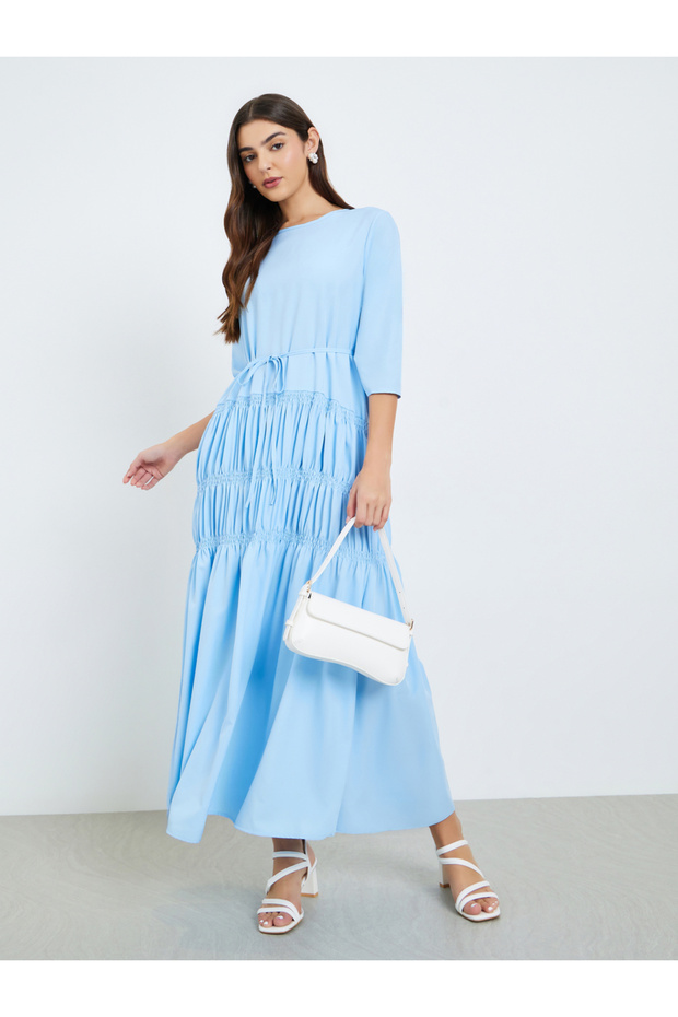 Women Blue Gathered Detail Waist Tie Maxi Dress