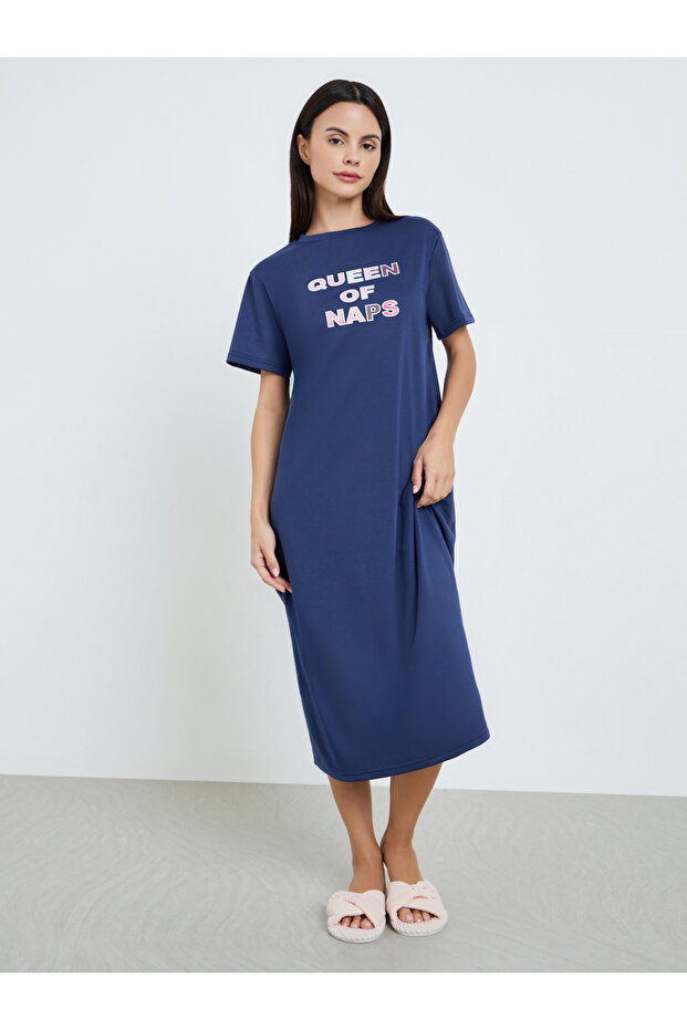 Women Navy Blue Graphic Print Midi Dress