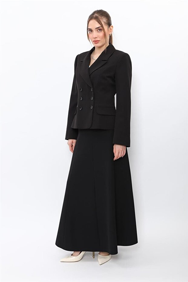 Men's Lapel Collar Buttoned Jacket & Long Flared Skirt Women's Suit - Black - 1196554
