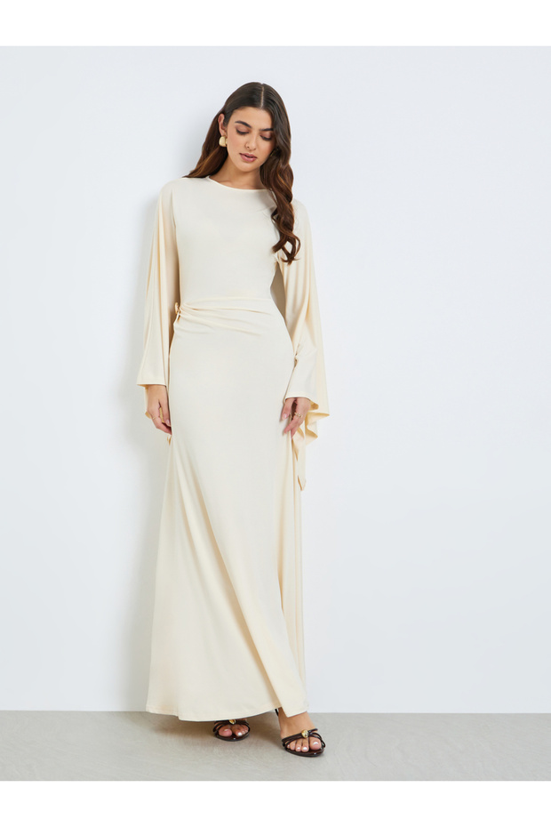 Women Beige Bell Sleeve Bodycon Maxi Dress