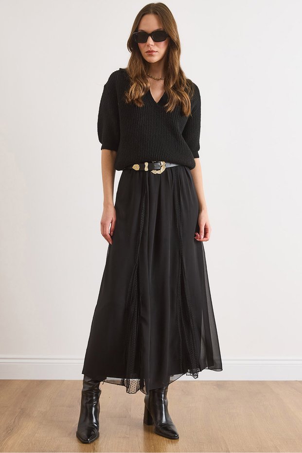 Women's Black Lined Long Tulle Skirt with Lace Detail Etk-19000400