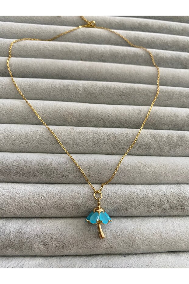 Mavi Taşlı Çelik Kolye - 3