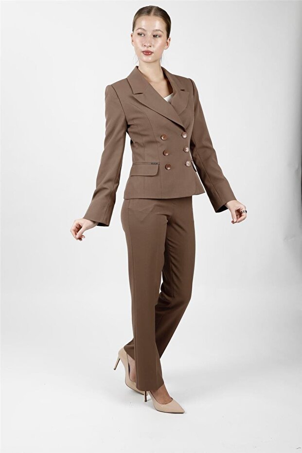 Men's Collared Buttoned Jacket & Pocketed Trousers Women's Suit - Brown - 1196505