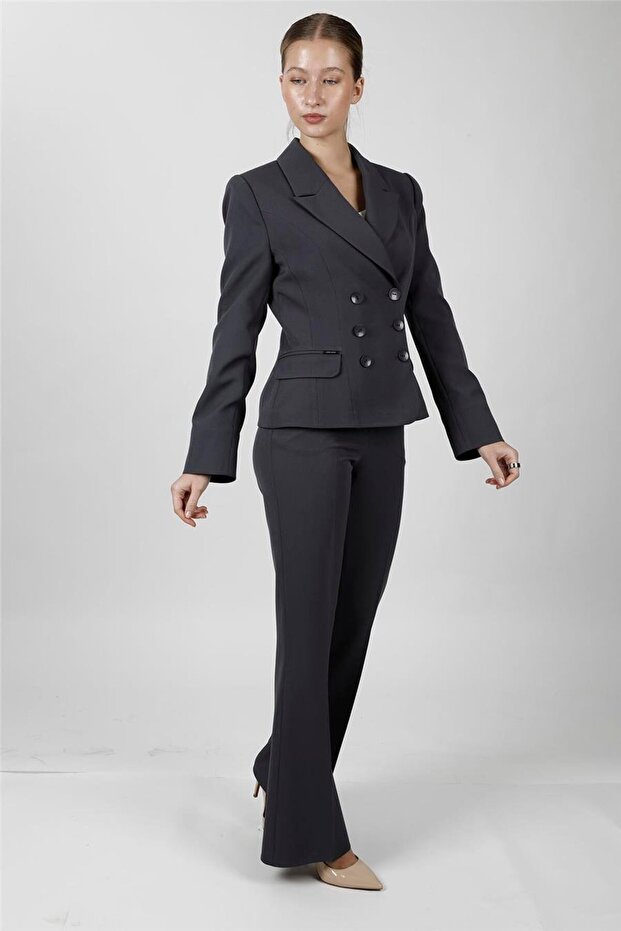Men's Collared Buttoned Jacket & Pocketed Spanish-Cut Trousers Women's Suit-Smoked - 1196506