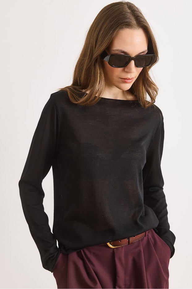 Women's Black Boat Neck Transparent Seasonal Knitwear Blouse Blz-19003213