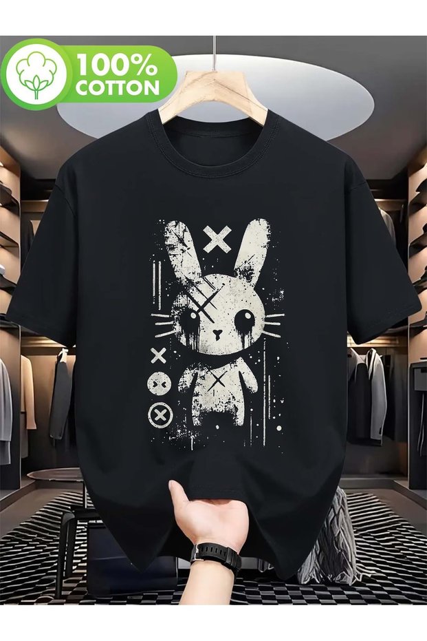 Unisex Oversize Abstract Rabbit Figure Printed 100% Cotton Street Style T-Shirt