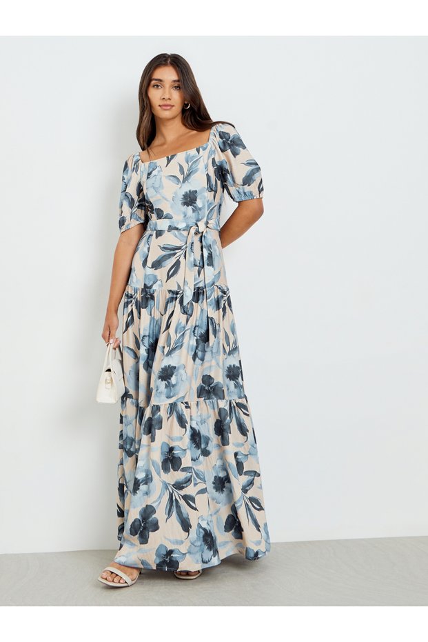 Women Floral Print Puff Sleeve Maxi Dress