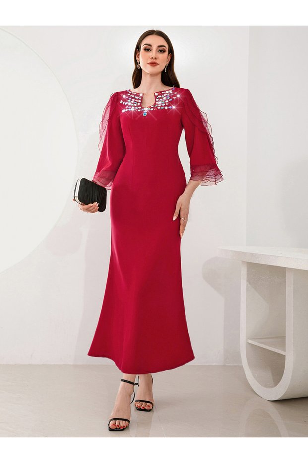 Women Red Rhinestone Embellished Bodycon Maxi Dress