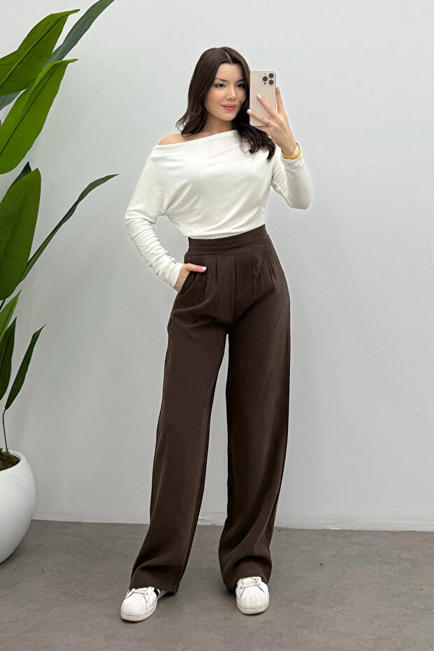 Women's Brown Elastic Waist Draped Pleated Detailed Tencel Relaxed Pants