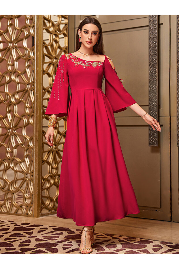 Women Red Rhinestone Embellished Cut-Out Sleeve Maxi Dress