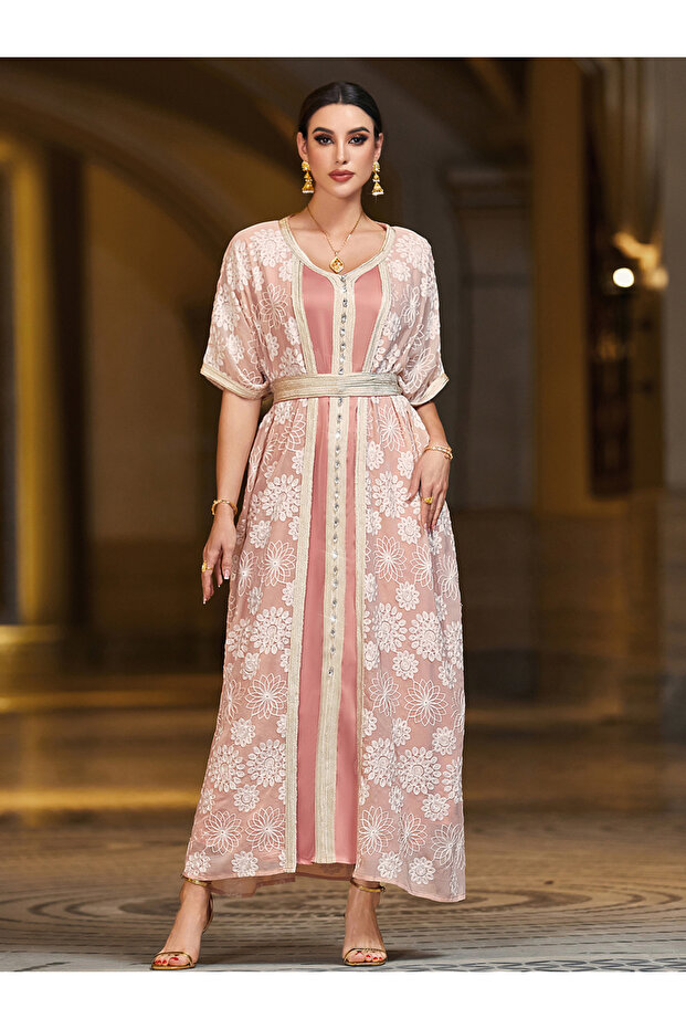 Women Rhinestone Embellished Flower Patch Belted Jalabiya