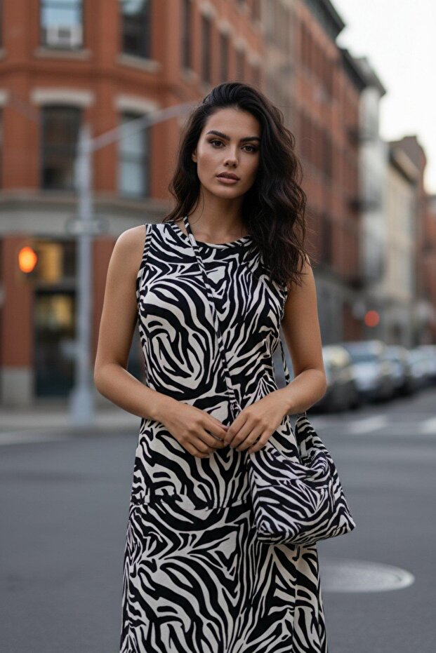 فستان طويل بدون أكمام برقبة دائرية وتصميم منقوش - منقوش - 2