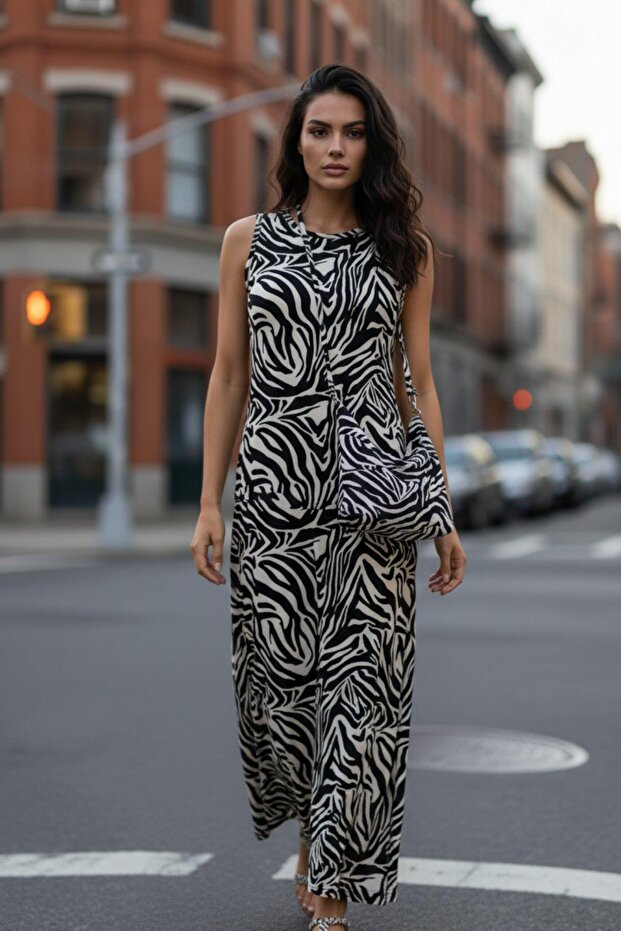 فستان طويل بدون أكمام برقبة دائرية وتصميم منقوش - منقوش - 1