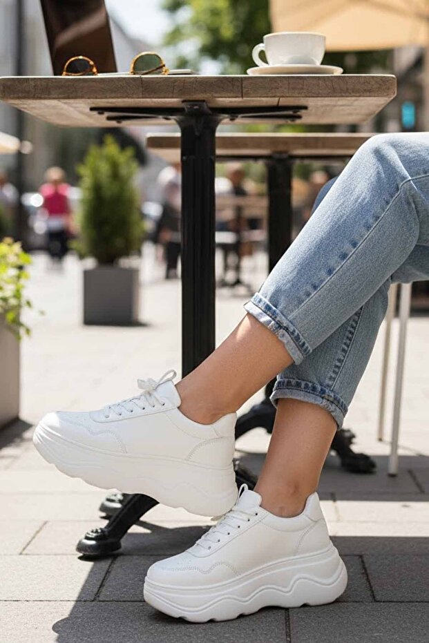 White Women's Sneaker - High-Sole City Style Comfortable Walking Shoes