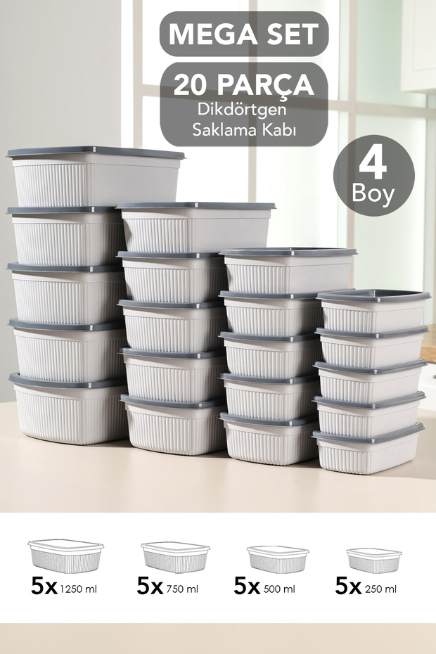 Set of 20 Rectangular Storage Containers - Microwave Safe Food Containers 1.25L 0.75L 0.5L 0.25L Gray