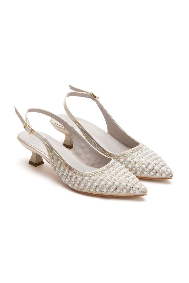 Women's Short Heeled Pearl and Stone Embellished Wedding Dress Shoes