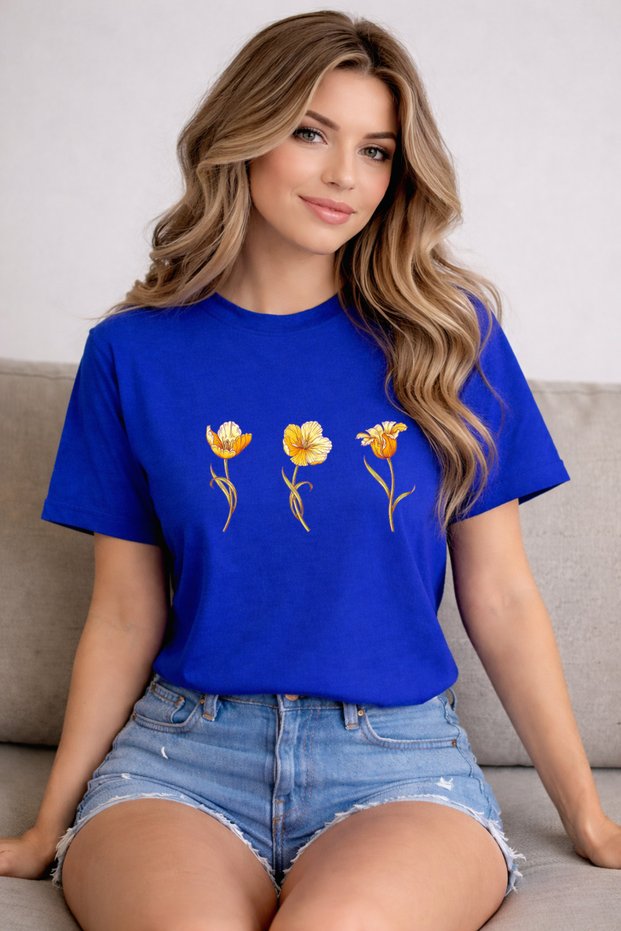 Basic T-Shirt with Yellow Flowers Print Detail