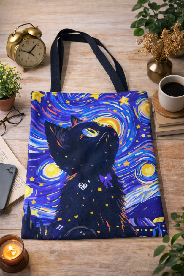 Van Gogh Starry Night and Cats Themed 2-Piece Bag Set