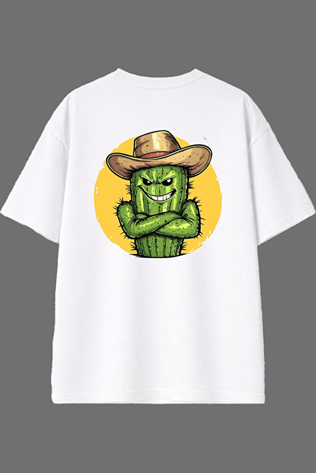 Cactus Man Design Back Printed White Oversize T-Shirt