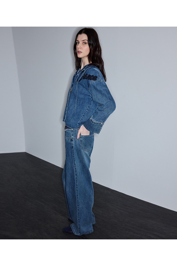 Kontrast elastik bel jean pantolon - 5