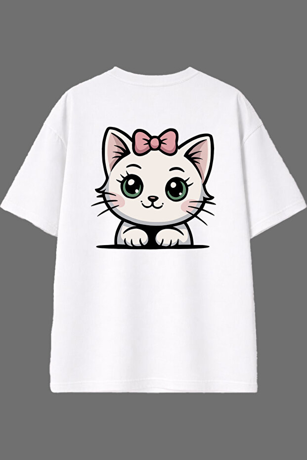 تي شيرت أبيض كبير الحجم بتصميم Sweet Cat مطبوع من الخلف