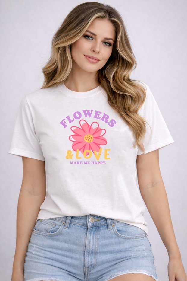 Flowers Love Print Detailed Basic T-Shirt