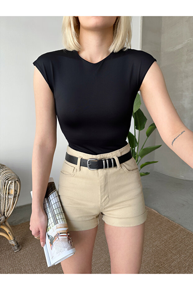 Women's Black Crew Neck Lined Polyamide Elastane Basic Blouse - 4