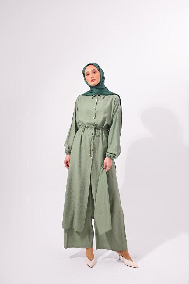 Premium Quality Strawberry Fabric Waist Gathered Tunic Trousers Double Set