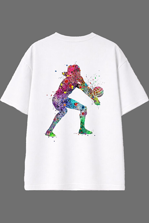 تي شيرت أبيض كبير الحجم بتصميم كرة الطائرة 4 وطباعة خلفية