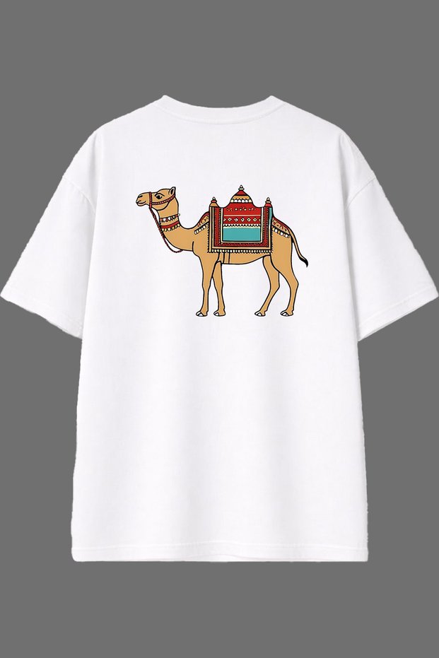 Camel in the Desert Design White Oversize T-Shirt with Back Print