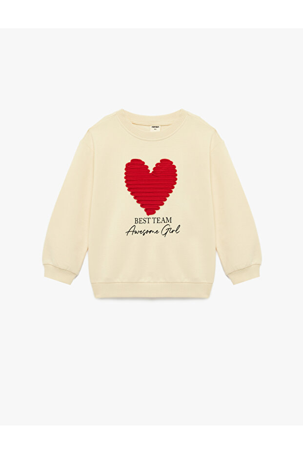 Crew Neck Cotton Sweatshirt with Raised Long Sleeves and Heart Detail