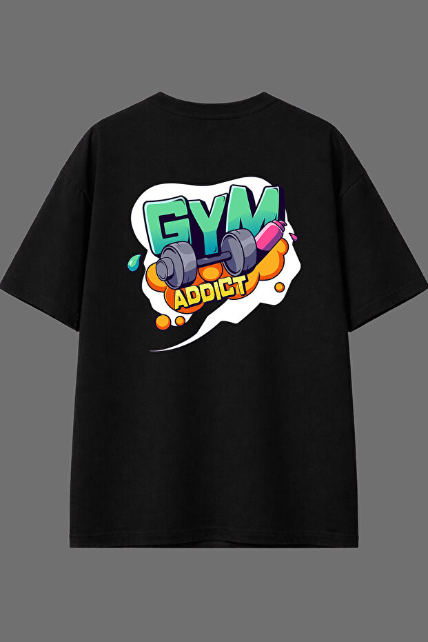 Gym Addict Design Back Printed Black Oversize T-Shirt