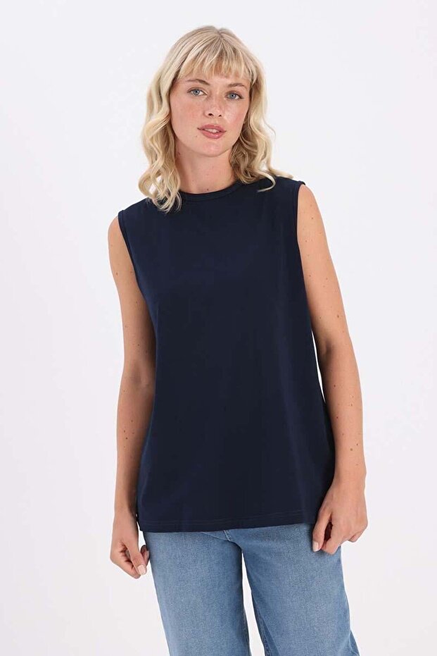Navy Blue-Crew Neck Sleeveless Cotton T-Shirt