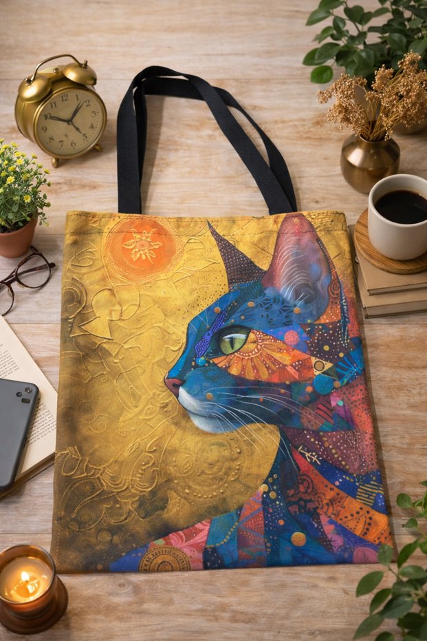 Mosaic and Stained Glass Look Colorful Cat Design - 2 Piece Shoulder Bag Set