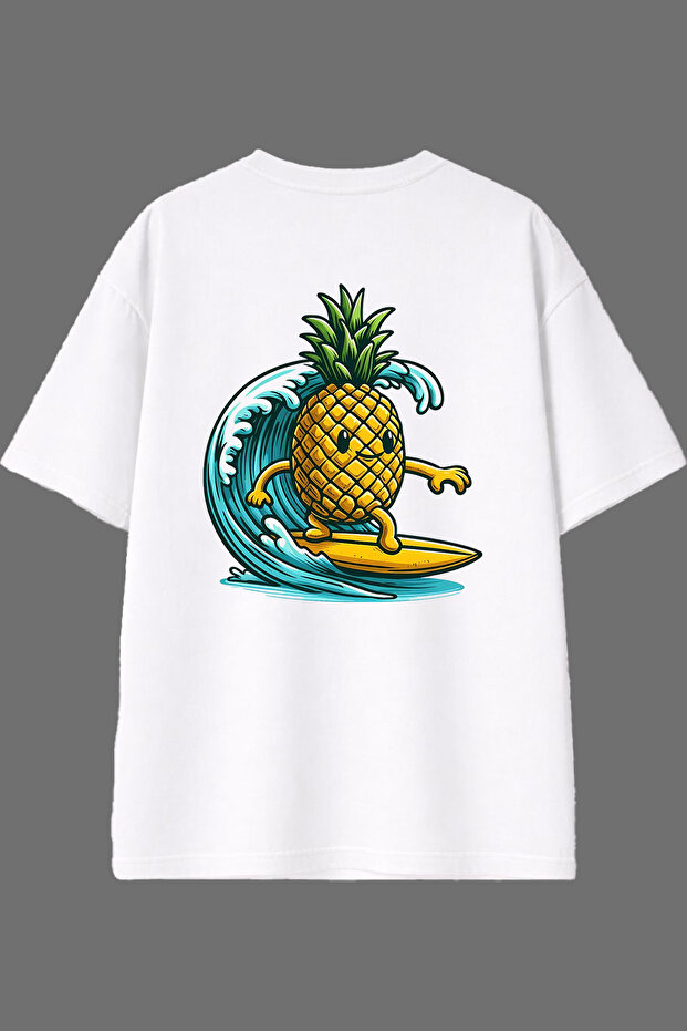 Surfer Pineapple Design Back Printed White Oversize T-Shirt