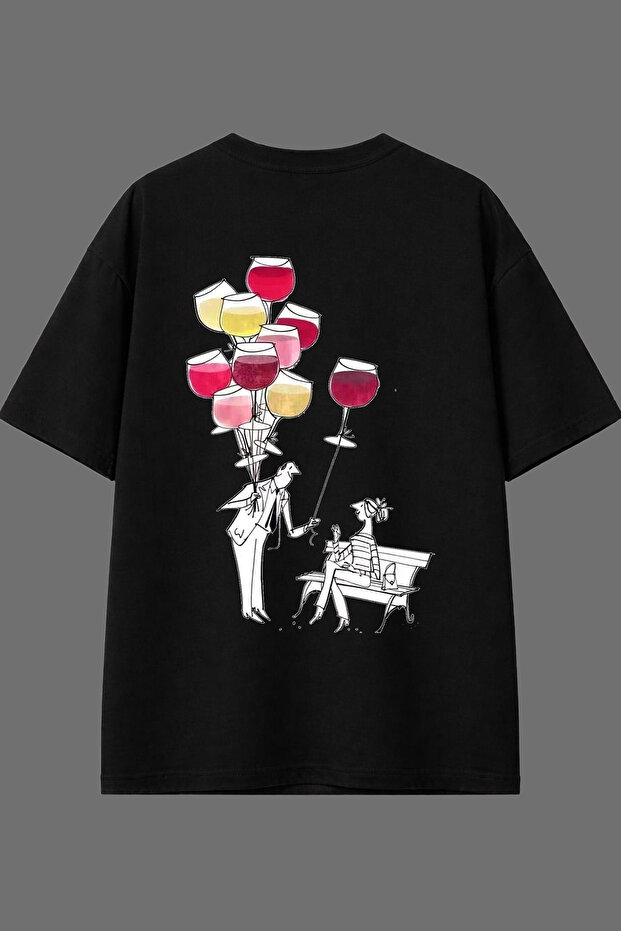 Wine Balloons Design Back Printed Black Oversize t Shirt