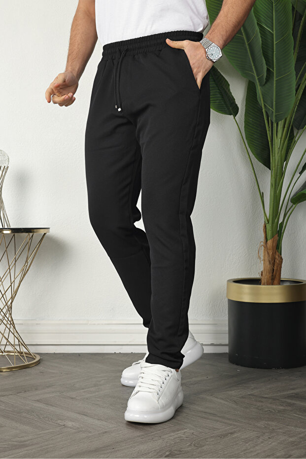 Men's Regular Fit Elastic Waist Lace-Up Jogger Black Trousers Relaxed Fit Side Pockets
