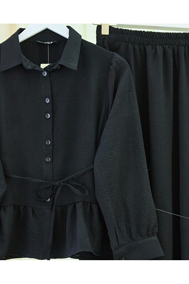 طقم تنورة وبلوزة برباط - أسود - 3